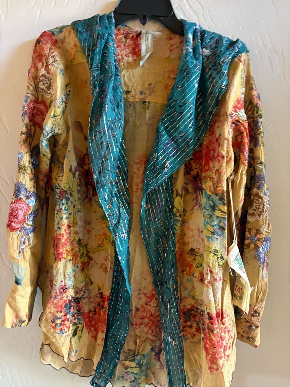 NWT Aratta Bohemian Floral Open-Front Jacket with Teal Trim - Picture 2 of 7